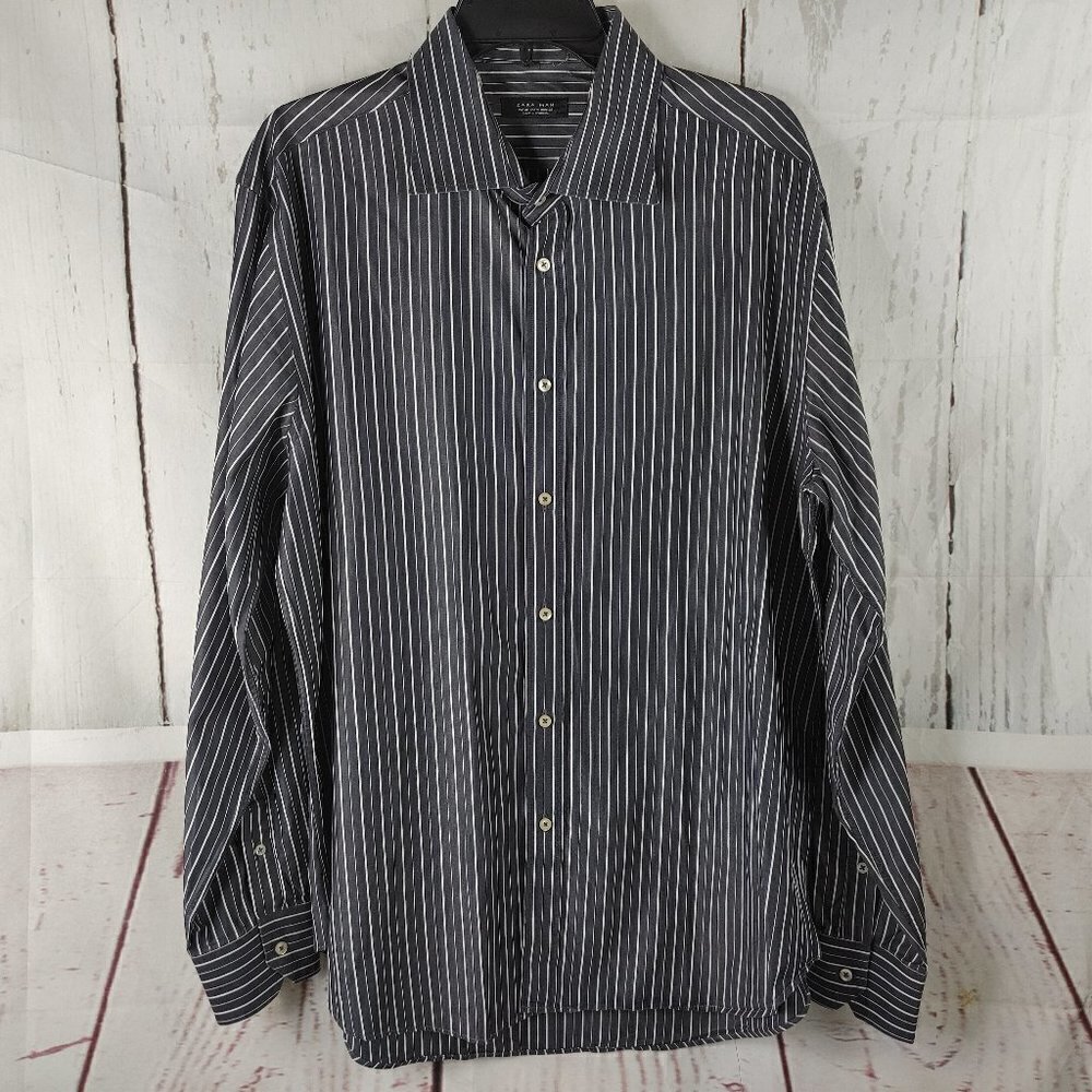 Zara Man Men's Gray White Striped Button Front Long Sleeve Shirt Size 18 Eur 16